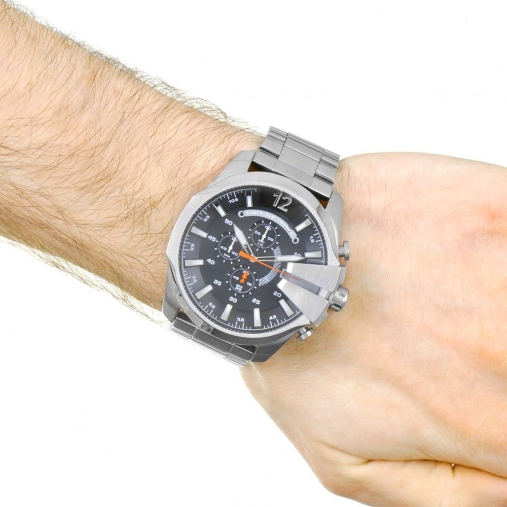 Diesel DZ4308 Mega Chief Chronograph Men's Watch – Black Dial & Silver Stainless Steel Strap