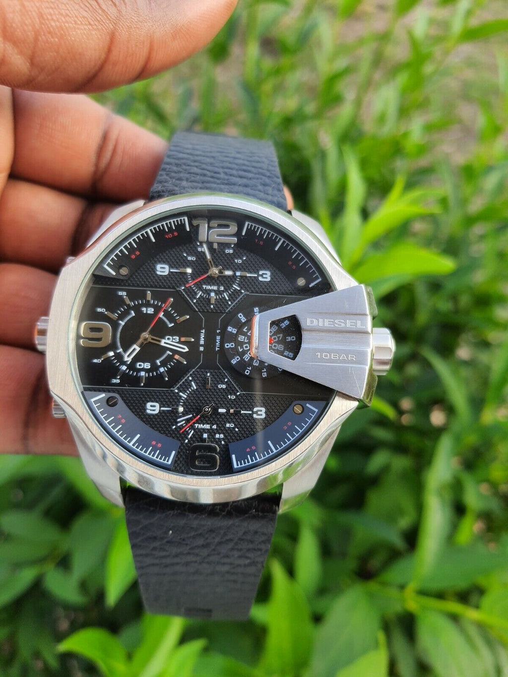Diesel DZ7376 Uber Chief Oversized 4-Time Men's Watch – Black Dial & Black Leather Strap